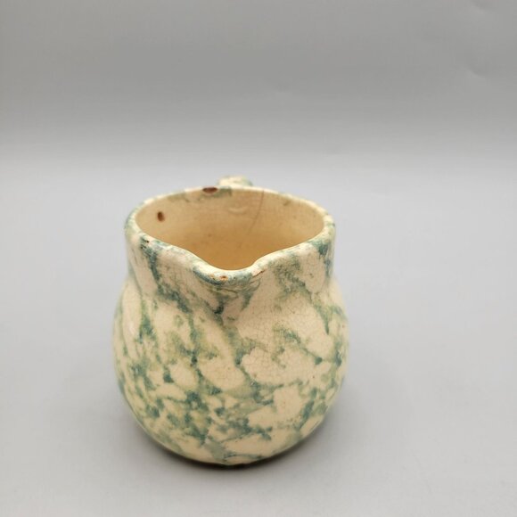 Antique Yellow Ware Spongeware Creamer Green Blue Primitive Kitchenware - Picture 4 of 7